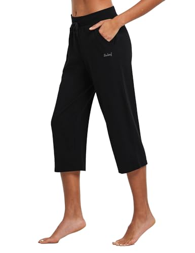 baleaf Women's Wide Leg Capris Yoga Cotton Crop Pockets Summer Capri Sweatpants Loose Lounge Casual Workout Pants2