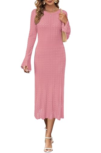 Image of Newshows Women's Hollow Slim Summer Fall Church Work Casual Sweater Dress | Machine Washable Knit Sweater Fabric, Hollow Design, Bell Sleeve, Business Casual, Church Teacher Outfits, Modest Dress