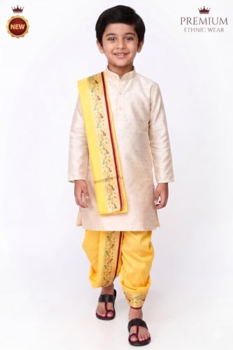 Image of Boys Dhoti Kurta Set Sherwani Style for Kids | Ethnic Traditional Kids Wear with Patiala Dhoti & Dupatta | Wedding Dress for Boys | Indian Cultural Outfit for Puja Festival Party