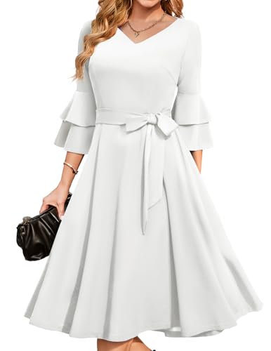 Image of DRESSTELLS Women's Cocktail Dress Summer Wedding Guest Party Vintage 3 /4 Bell Sleeve V Neck A-Line Dress