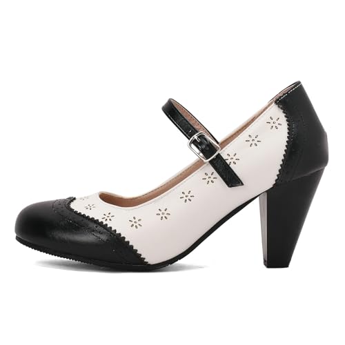 AIMODOR Mary Jane Heels for Women Chunky High Lolita Heels Vintage Round Closed Toe Pumps Retro Rockabilly Wingtip Oxford Mary Jane Pumps Ankle Strap Kawaii Dress Shoes2