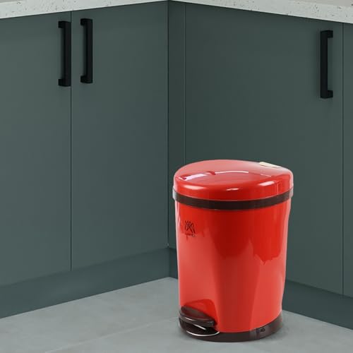 Caneca de basura redonda de plástico 2.6 gal, con pedal rojo miniatura 4