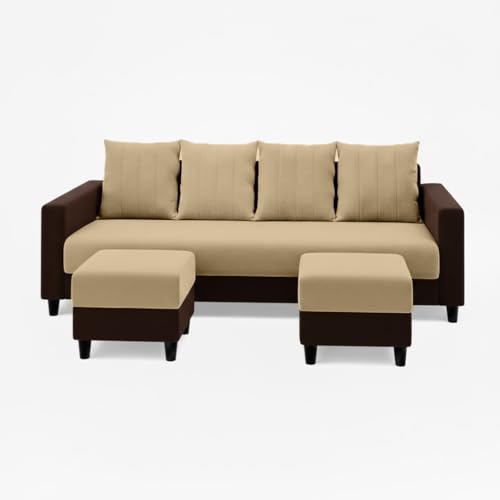 Image of Strikon Plush 6 Seater L Shape Sofa Set with 2 Movable Ottoman | Flexible Layout |Silken Velvet Suede | Designer Sofa for Living Rooms & Office Spaces (Beige & Dark Brown)
