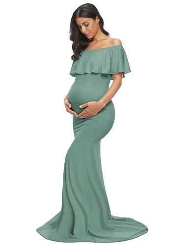 Glampunch Womens Off Shoulder Maternity Dress Ruffles Elegant Slim Gowns Fit Maxi Photography Dress Sage