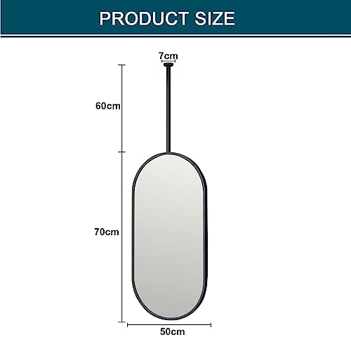 Modern Oval Mirror for Ceiling Hanging Decor, Large Wall Decorative Metal Backed Floating Glass, Bathroom Vanity, Black (50cmx70cm)