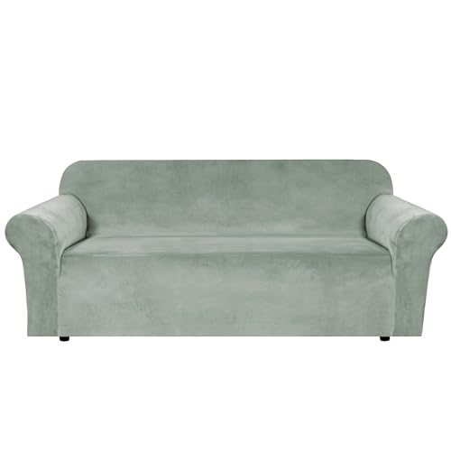 H.VERSAILTEX Stretch Velvet Sofa Covers Large Couch Covers Sofa Slipcovers Furniture Protector Soft with Non Slip Elastic Bottom, Feature Thick Comfy Rich Velour (Extra Wide Sofa 98"-105", Sea Grass)