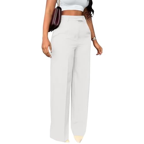 Wide Leg Trousers For Women UK, Elasticated High Waist Pants Stretchy Work Office Formal Trousers Elegant Palazzo Pants Ladies Business Smart Straight Leg Trouser With Pockets Casual Black Trouser