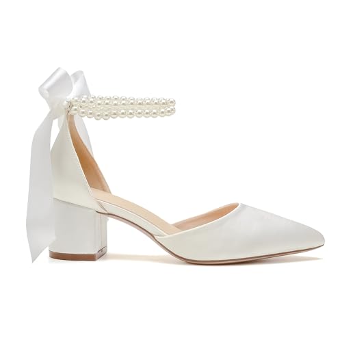 Women's Closed Toe Wedding Shoes Chunky Block Heels with Pearls Satin Pumps Ankle Strap Prom Evening Party Shoes3