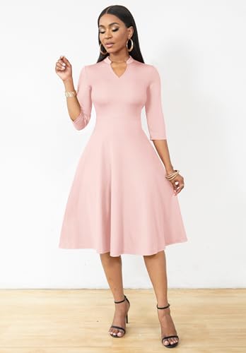 Image of Nmoder Casual Dresses for Women Semi Formal Fit and Flare 3 /4 Sleeve A-line Church Work Dress with Pockets