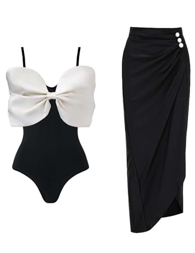 FLAXMAKER Women's One Piece Adjustable Shoulder Straps Swimsuit Bow-tie Decor Bathing Suit2