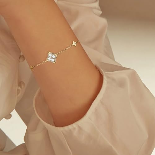 FEEL STYLE Clover Bracelet for Women - 14K Gold/Silver Plated Charm Bracelet with Mother of Pearl & Cubic Zirconia - Lucky Four Leaf Jewelry Gift Adjustable 6.5"+2" Extender2