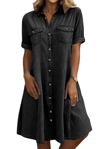 Image of chouyatou Women's Summer Short Sleeve Denim Shirt Dress Business Casual Button Down Midi Long Jean Dress