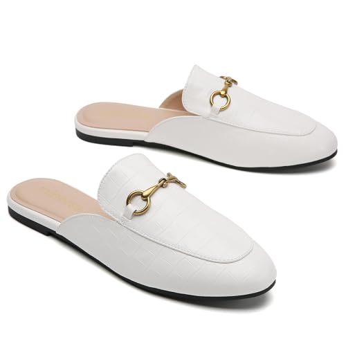 Image of Minorsu Buckle Mules for Women Flats Loafers Shoes for Work Office Business | Slip on,Round Toe,Backless,Slides, Casual