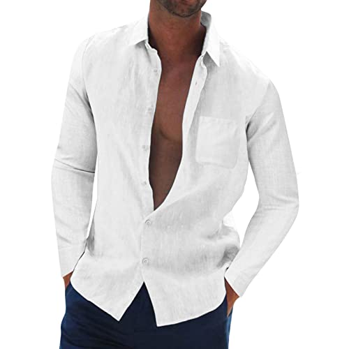 Camisa de bolsillo sólido casual de otoño para hombre, cuello vuelto, botón, manga larga, blusa, camisas baratas para hombre, Blanco, XXXL
