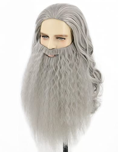 LeMarnia Grey Men's Long Curly Wig and Beard Halloween Cosplay Costume Wig, Gray, 18 Inch (Pack of 1) - Image 2