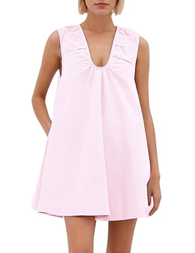 Image of MISSACTIVER Women's Sleeveless Babydoll Tank Mini Dress Scoop Neck Ruched Short Dress with Side Pockets Summer Party Dresses