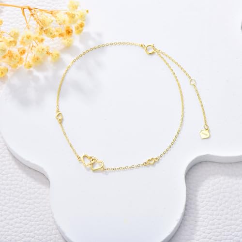 Image of 14K Real Gold Heart /Corss Ankle Bracelet for Women Yellow Gold Anklet Love Ankle Bracelet Anniversary Jewelry for Wife Birthday Gifts for Her 8''-10''