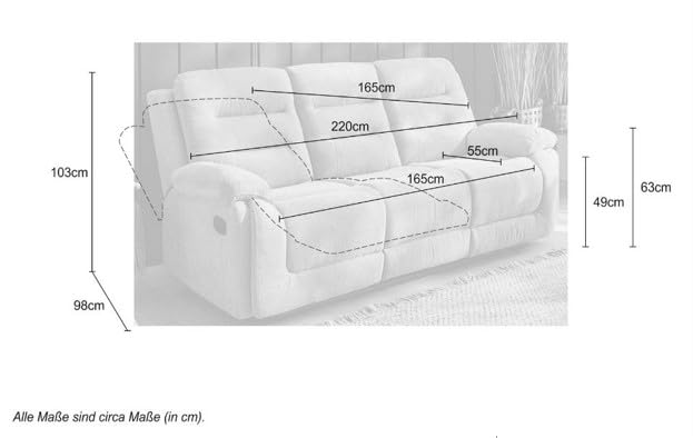 Gemütliches Dreisitzer Sofa mit Federkernpolsterung und Wellenfedern B220/T98/H103 cm, verstellbare 3er Couch durch halbautomatische Relaxfunktion, Bezug Chenille in Grau / 15503 – Bild 4