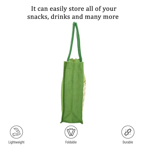 Image of Kuber Industries Multi-purpose Jute Lunch Bags For Office Men /Women | Reusable Grocery Bag with Zip Compartments & Handle | Carry bag For Office Employees | Star Print - Green & White