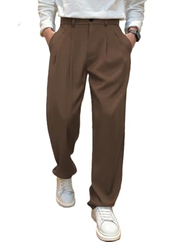 Image of Men's Relaxed Straight Leg Loose Fit Pleated Trousers | Mid-Rise Formal Pants with Zip Fly & Button Closure | Solid Regular Length Office Wear Trousers