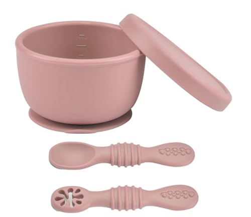 Ginbear Saug-Silikonschüssel mit Deckel 260 ml & 2 Baby-Löffeln | Ab 4 Monaten | Baby-Led-Weaning (BLW) Selbstfütter-Set, Erste Stufe | Ungiftig, Lebensmittelecht, BPA-frei (Rosa + Elfenbein + Lila)