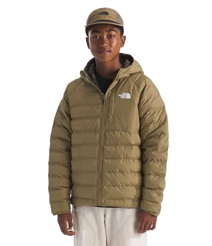The North Face Boys Reversible Perrito Hooded Jacket - Lightweight Water Resistant Coat Performance Insulation Cedar/New Taupe Green X-Large