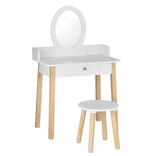 Keezi Kids Vanity Dressing Table Stool Set with Mirror Drawer, 2 in 1 Children Dresser Makeup Desk Chair for Girls Bedroom Furniture, MDF Board Smooth Surface with 4 Wooden Legs White