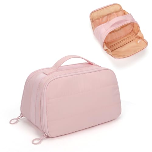 OCHEAL Travel Makeup Bag - Wide Open Flat Cosmetic Bag Organizer with Handle Portable Lightweight Toiletry Bag for Women's Girls Essentials Skincare Accessories-Pink