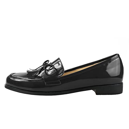 Image of LEMUTISME Women's Trendy Patent Leather Comfort Casual Closed Round Toe Slip On Bow-Knot Dress Flat Loafers Pump Shoes with Tassal Black Size 10