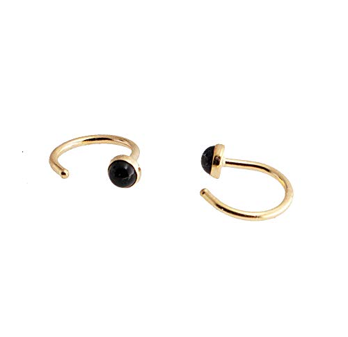 Black Onyx 3mm Stone Yellow Gold Hoop Hugger Earrings Hook Earring for Women Tragus Piercing