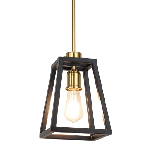 XiNBEi Lighting Black and Brass Pendant Light Fixture, Farmhouse Lantern Hanging Light Adjustable Pendant Lighting for Kitchen Island Dining Room Entryway Hallway XB-P400-MB
