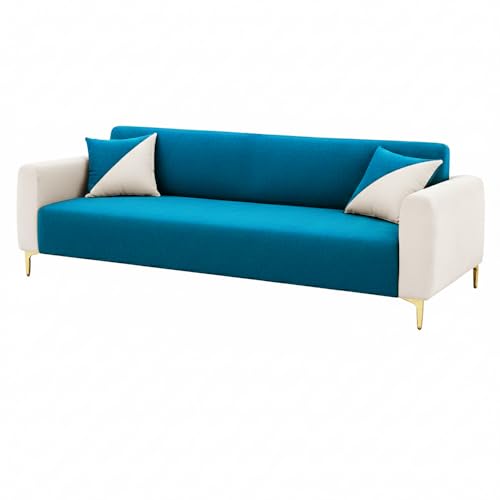 Image of Opera 3 Seater Fabric Sofa Set | Soft Velvet Upholstery, Sturdy Wooden Frame | Modern Sofa for Living Room, Hall & Office Spaces (Aqua Blue-Cream)