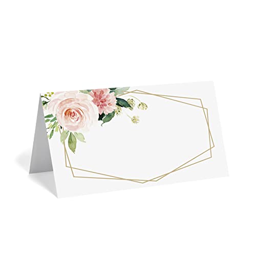 Bliss Collections Place Cards, Geometric Floral, Tented Blank Table Place Cards for Weddings, Banquets, Dinner Parties, Scored for Easy Folding, 2