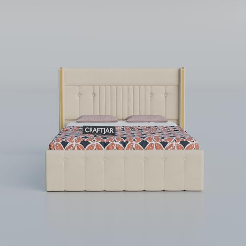 Image of Solid Wood Upholstered Single Bed for Bedroom with Storage | Premium Fabric with Button Tufted Headboard | Wooden Single Cot /Palang for Home | Modern Single Bed | Cream