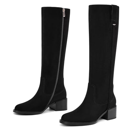 Image of Women's Knee High Boots Chunky Low Block Heel Round Toe Faux Leather Rinding Boots with Side Zip Fashion Tall Boots for Women