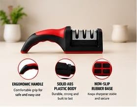 Image of Knife Sharpener with 3-Stage Sharpening System | Manual Kitchen Sharpener for Home | Professional Sharpening Tool for Steel & Ceramic Knives