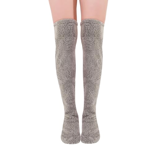 QKURT Chaussette Haute Moelleuse Au-dessus du Genou pour Femme, Chaussettes Chauffantes en Peluche, Chaussettes Hautes Douces et Chaudes pour Dormir à la Maison