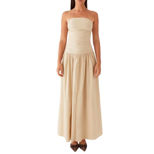 Image of Women Tube Top Maxi Dress 2025 Elegant Sleeveless Strapless Ruched Flowy Summer Long Wedding Party Cocktail Dresses
