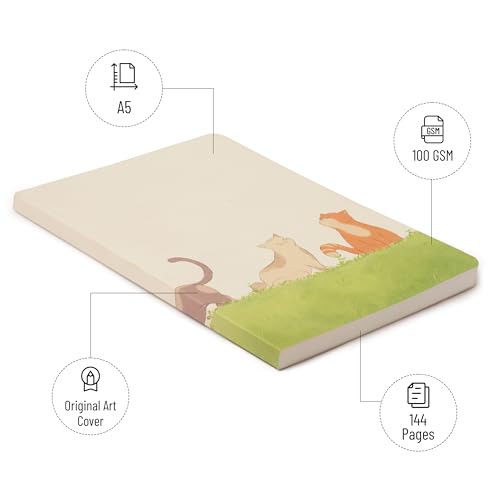 Image of Aesthetic Notebook Journal - A5, Unruled, 100 GSM | For Drawing, Journaling, Note-taking, Writing, sketching & designing | Lawn Meower- Cat themed Original Art Cover | Soft bound- 144 Pages