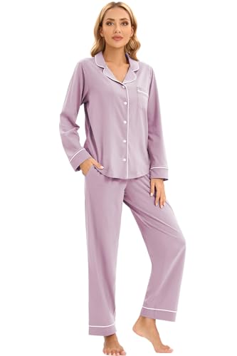 Image of LUBOT 100% Cotton Pajamas for Women PJ Set Soft Long Sleeve Button-Down Shirt 2 PC Set Warm Sleepwear Loungewear Night Suit (Lavender, M)