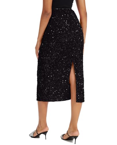 Women's Sequin Velvet Midi Skirt Elastic High Waist Night Out Split Hem Party Skirts2