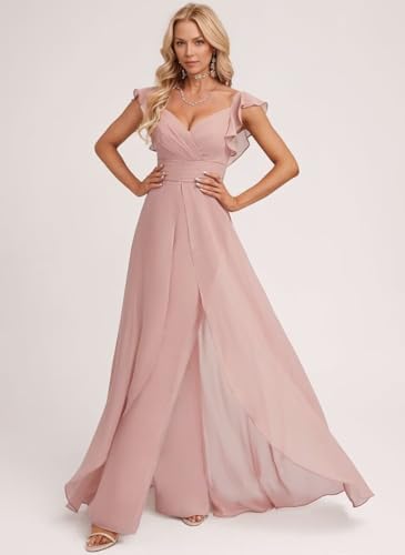 Women's One Piece Jumpsuit Short Puffy Sleeves Bridesmaid Pant Suits for Wedding Elegant V Neck Evening Outfit3