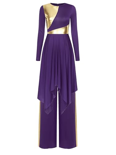 Winnrchan Women Metallic Color Block Praise Dance Dress with Wide-Leg Pants Worship Liturgical Lyrical Dance Costume Darkpurple Small