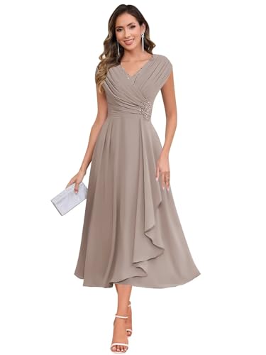 BOLENSYE Tea Length Taupe Mother of The Bride Dresses for Wedding Cap Sleeve Grandmother Dress Size14