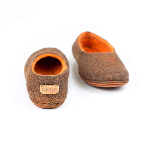 Natural wool slippers for women brown alpaca with orange inner layer2