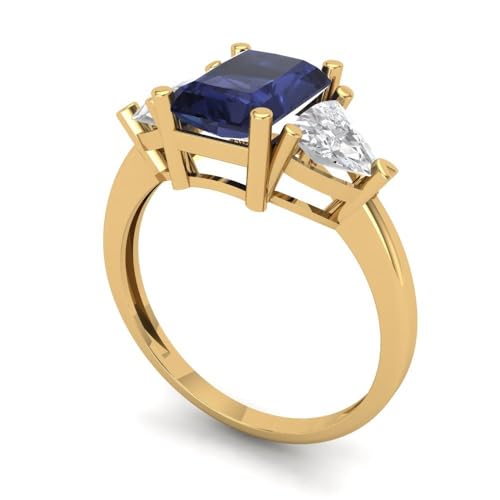 2.82 tcw Emerald Cut Engagement Ring for Women, 14K Solid Gold, Yellow Gold, Three-Stone Simulated Blue Sapphire Bridal Anniversary Promise Ring2
