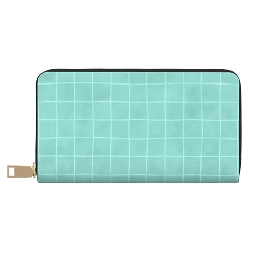 Mint Green Hand Drawn Grid Print Wallet Women Men, Long PU Leather Wallets for Women, Cute Womens Travel Wallet Purse Pouch with Zipper Pocket