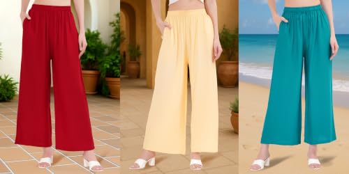 Image of Buy That Trendz Palazzo Pants for Women Rayon Elasticated Regular Fit Flared Wide Leg M to 6XL Pack of 3