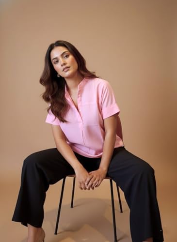 Image of Maaesa Women Solid Rayon Mandarin Neck Regular Fit Top | Short Sleeves | Lightweight & Breathable | Casual Wear & Office Wear