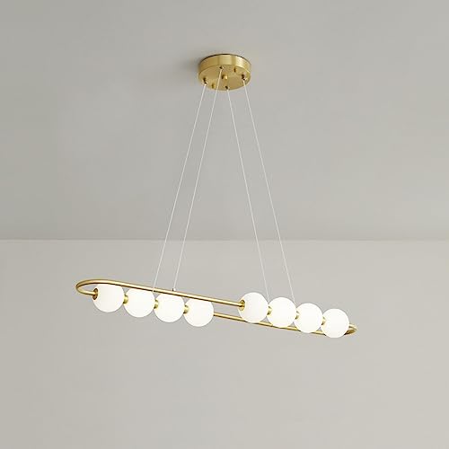 Suspension linéaire 8 globes en verre blanc pour îlot de cuisine